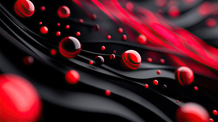 Abstract 3D illustration with red light circles, geometric bubbles, and red-black gradation lines, perfect for eye-catching wallpaper designs.の素材