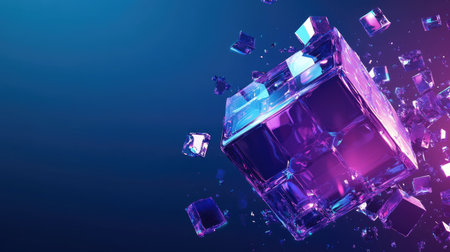 Abstract 3D holographic cube with purple crystal block textures, isolated on a blue background, perfect for futuristic vector illustrations.の素材