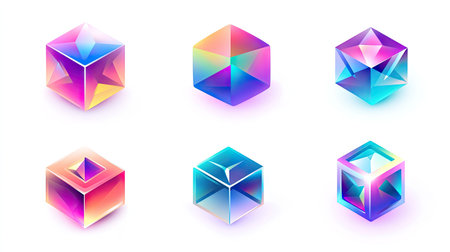 Abstract collection of geometric 3D cubes with holographic gradient colors, isolated on white, for realistic and visually striking vector designs.の素材