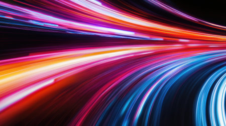 Abstract colorful light trails with a long time exposure motion blur effect, captured in a dynamic vector illustration for modern design needs.の素材
