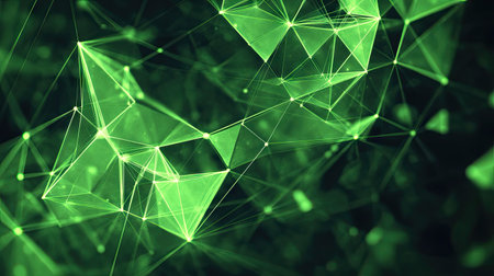 Abstract geometric background with triangular cells in bright green, featuring a digital polygonal design on a dark backdrop.の素材