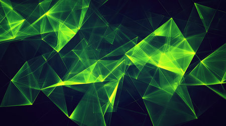 Abstract geometric background with bright green triangular cells and polygons, creating a bold digital illustration on a dark canvas.の素材