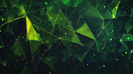 Abstract triangular cells and polygonal design in bright green, set against a dark background for a striking and modern digital illustration.の素材