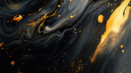 Beautifully swirling black and gold fluid art on a marble background, creating a stunning abstract visual effect.の素材