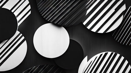 Black and white striped lines intersecting with geometric circle textures, ideal for sleek and modern design projects.の素材