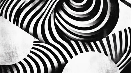 Black and white striped lines with intersecting geometric circle textures, perfect for creating a modern abstract look.の素材