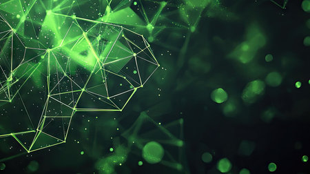 Bright green abstract background featuring geometric triangular cells and polygons, perfect for sleek digital illustrations on a dark base.の素材
