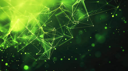 Bright green abstract background featuring geometric triangular cells and polygons, perfect for sleek digital illustrations on a dark base.の素材