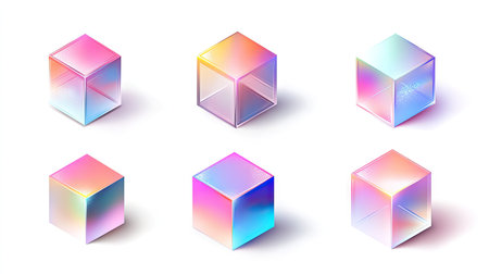 Collection of 3D geometric cubes with varied holographic gradient shades, isolated on white, for a modern and realistic vector design.の素材
