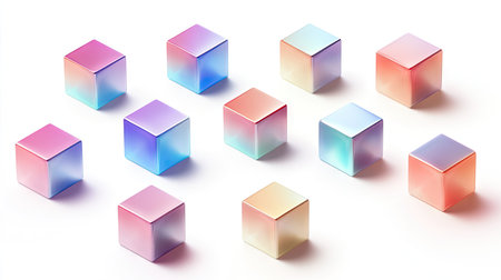 Collection of geometric 3D cubes with holographic gradient color effects, isolated on white, offering a sleek and realistic vector design.の素材