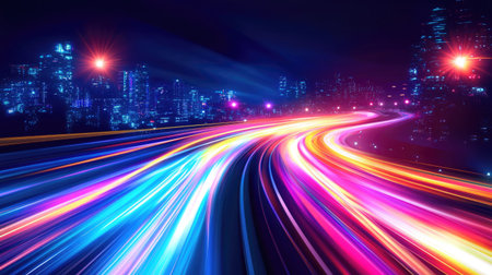Colorful light trails with long time exposure and motion blur effect, illustrated in a vivid vector design for a captivating modern look.の素材