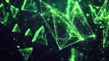 Digital illustration featuring geometric triangular cells and bright green polygons on a dark background, ideal for contemporary designs.の素材