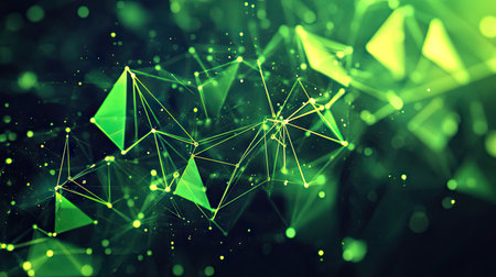 Digital geometric illustration with bright green triangular cells and polygons against a dark background, ideal for contemporary design projects.の素材