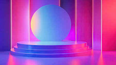 Elegant 3D render featuring shiny, luminous shapes on a neon gradient stage, showcasing a sophisticated and modern design approach. -の素材