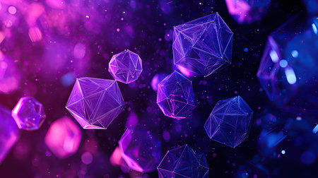 Geometric abstract design with vivid violet hues, featuring triangular cells and polygons on a dark background for a modern look.の素材