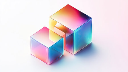 Geometric 3D cubes with vibrant gradient hologram colors, shown on a white background, perfect for contemporary and realistic vector illustrations.の素材
