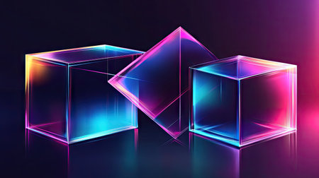 Geometric shapes like a cube, rectangular cuboid, and pyramid prism in neon holographic hues, presented in an abstract vector illustration for tech and science.の素材