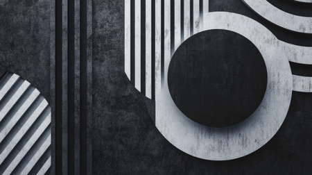 Geometric circle textures combined with black and white stripe lines, perfect for contemporary and stylish abstract backgrounds.の素材