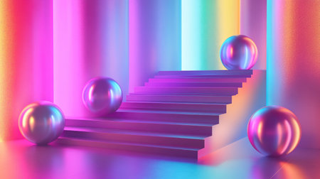 Luminous, shiny 3D shapes on a vibrant neon gradient stage, captured in a sleek 3D render for contemporary and elegant design visuals.の素材