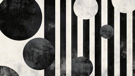 Geometric circle textures on a black and white stripe line background, creating an elegant and modern abstract design.の素材