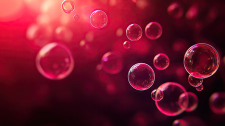 Geometric circles and bubbles with red light on a red-black gradient background, perfect for abstract 3D wallpaper and illustrations.の素材