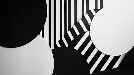 Geometric circles and black and white stripe lines in an abstract composition, ideal for contemporary design projects.の素材