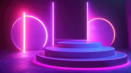 Luminous, shiny 3D shapes displayed on a neon gradient stage, captured in a sophisticated 3D render for contemporary design.の素材