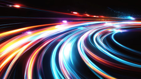 Long exposure colorful light trails with motion blur, illustrated in a bright and energetic vector design perfect for contemporary backgrounds.の素材