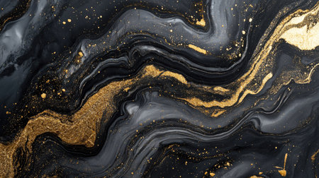 Luxurious marble background with black and gold fluid art, perfect for elegant and high-end designs.の素材
