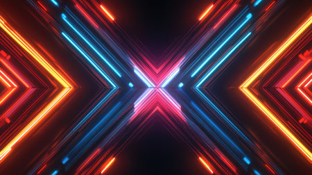 Neon-lit abstract background in dark hues, featuring geometric shapes, rays, and multi-color lights with a 3D symmetrical reflection.の素材