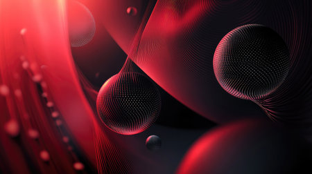 Red and black abstract background featuring geometric circles, light bubbles, and gradation lines, ideal for modern 3D illustrations and wallpaper.の素材