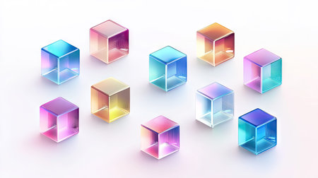 Set of realistic 3D cubes in gradient hologram colors, displayed on a white backdrop, ideal for modern vector illustrations and design elementsの素材