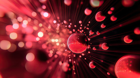 Red light circles and geometric patterns with bubbles and gradation lines in red and black, perfect for creating dramatic 3D abstract wallpaper.の素材