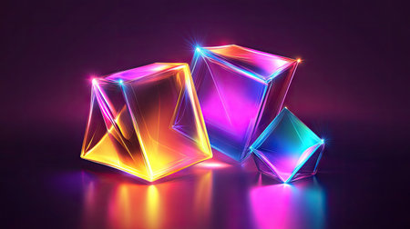 Vibrant abstract vector illustration of a cube, rectangular cuboid, and pyramid prism in neon holographic colors, perfect for technology or science covers.の素材