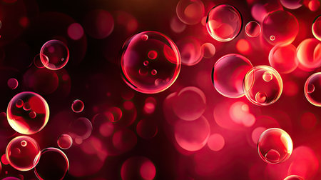 Vibrant abstract background with red light circles, geometric shapes, and bubbles against a red-black gradient. Perfect for 3D wallpaper and designs.の素材