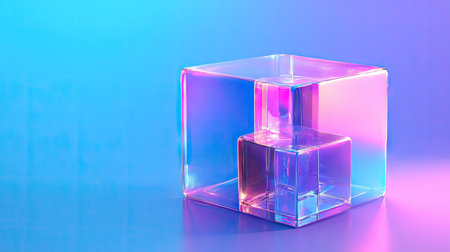 Vibrant 3D vector illustration of a holographic abstract cube with crystal blocks, showcasing a purple holographic texture against a blue background.の素材
