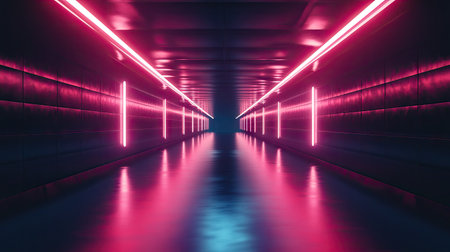 3D illustration of a reflective tunnel with glowing lights, creating an endless visual effect.の素材