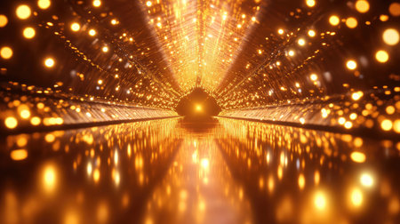 3D illustration of a reflective tunnel with glowing lights, creating an endless visual effect.の素材