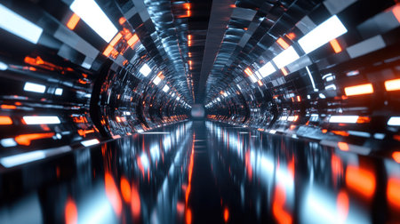 3D illustration of a reflective tunnel with glowing lights, creating an endless visual effect.の素材