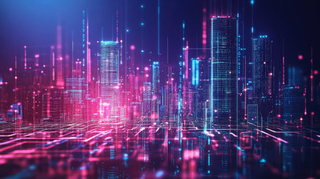 Abstract city skyline with digital buildings and data connections highlighting big data and security.の素材