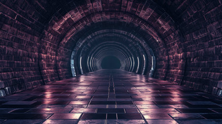 3D render of a futuristic hangar tunnel with brick texture and reflective surfaces. Sci-fi background.の素材