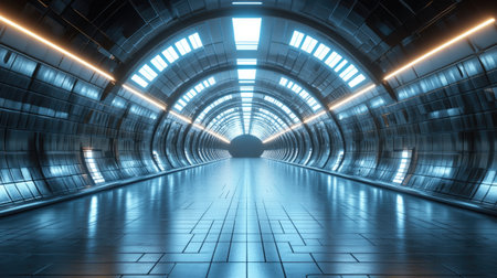 3D render of a futuristic hangar tunnel with brick texture and reflective surfaces. Sci-fi background.の素材