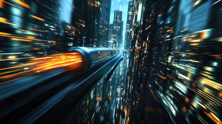 3D rendering of a hyperloop speeding through a mega city at night. Blurred lights from skyscrapers highlight the advanced technology and design.の素材