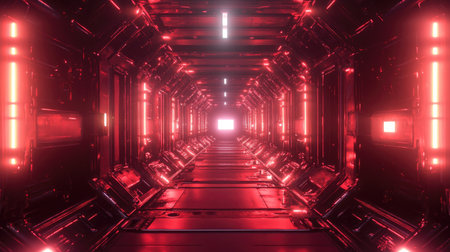 3D render of an infinite corridor with glowing lights and reflective surfaces. Sci-fi background.の素材