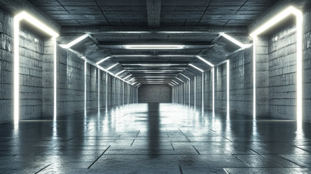 3D render of a sci-fi hangar corridor with brick texture and reflective surfaces. Futuristic background.の素材