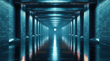 3D render of a sci-fi hangar with brick texture and stunning reflections. Futuristic corridor.の素材