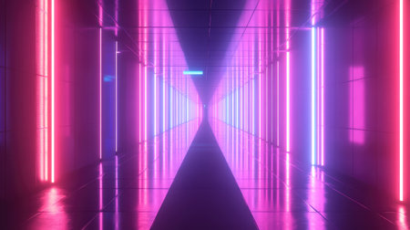 3D render of an infinite corridor with reflective surfaces and glowing neon lights.の素材