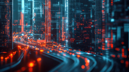 Abstract cityscape with digital buildings and traffic, symbolizing big data and cyber security.の素材