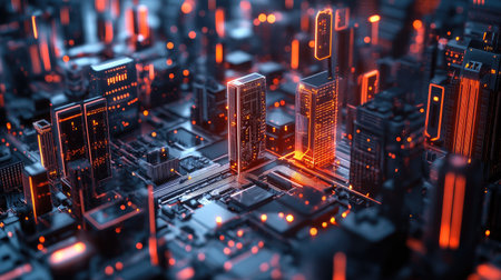 Abstract 3D illustration of a city with digital buildings and data streams symbolizing cyber security.の素材