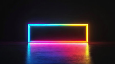Abstract rectangular object with colorful lights illuminated against a black backdrop.の素材
